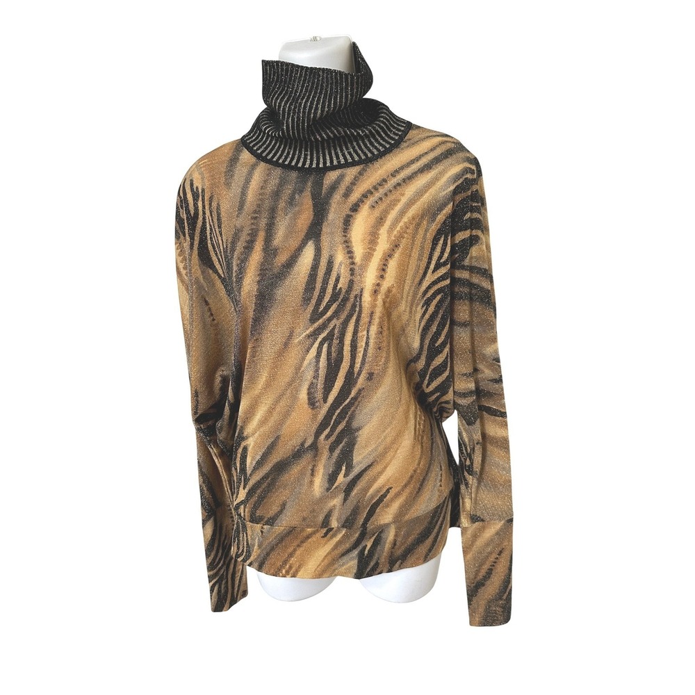 Angelo Marani  Gold/ Brown/Black Tiger Metallic Print Wool Blend Turtleneck  M